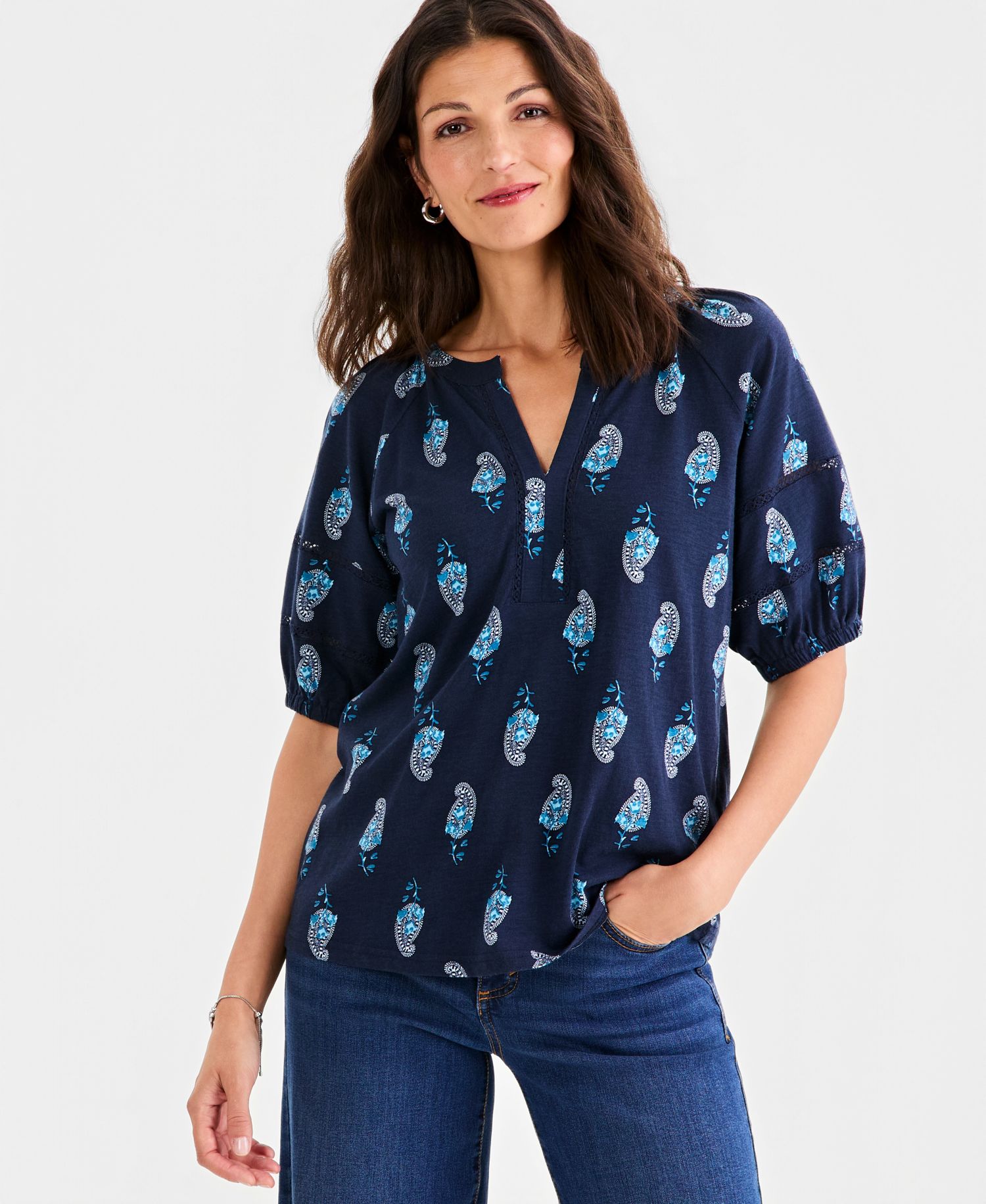 Petite Elbow-Length Sleeve Split Neck Top