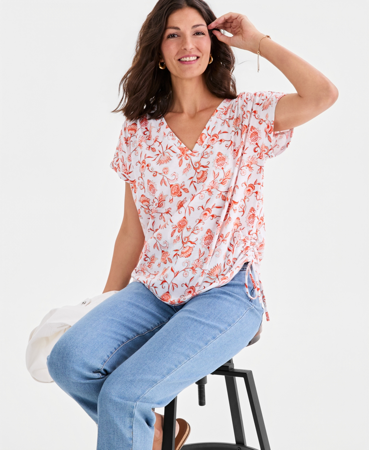 Style & Co Petite Ruched Tie Fresh Paisley Print V-Neck Top, Macy's Exclusive