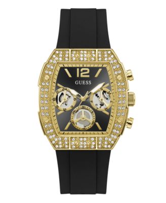 Men's Crystal Gold-Tone Stainless Steel Black Silicone Multi-Function Watch, 41mm