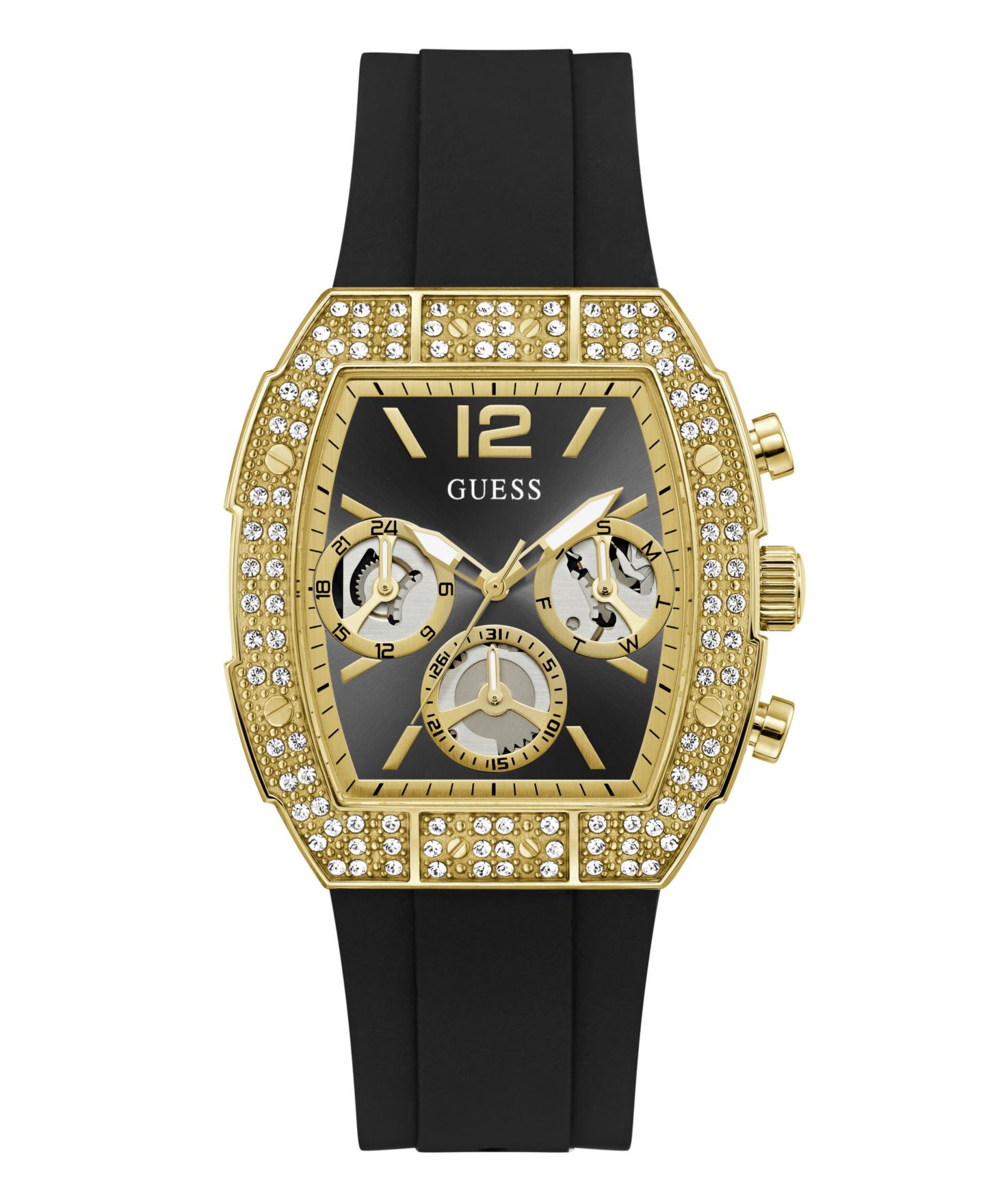 Мужские часы GUESS Crystal Gold-Tone Stainless Steel Black Silicone Multi-Function, 41mm — фото 1