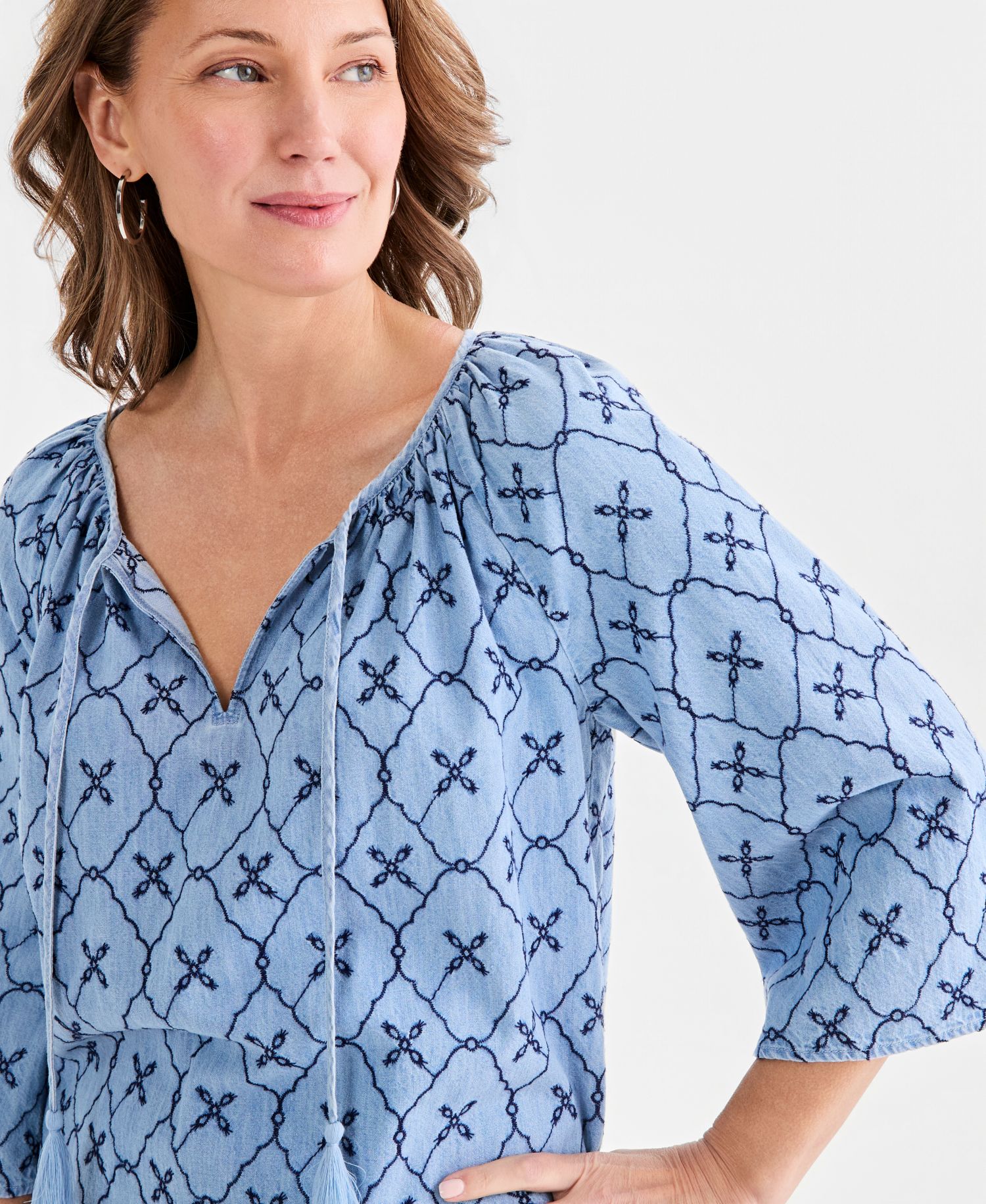 Women's Chambray Split-Neck Embroidery Top