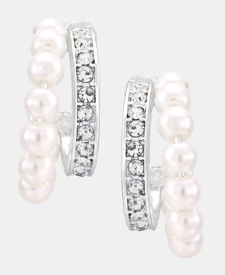 Silver-Tone Two-Row Imitation Pearl Huggie Earrings