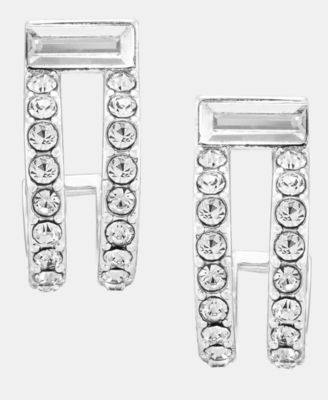 Silver-Tone Crystal Stone Pav&eacute; C Hoop Earrings