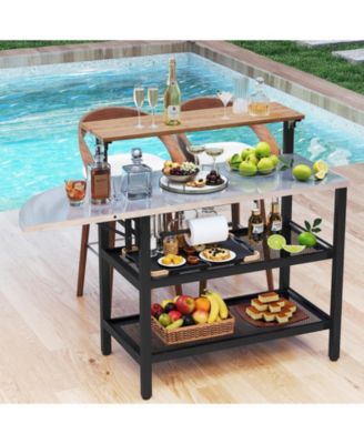 Outdoor Foldable Grill Table with Flip-Up Top and 2 Storage Shelves for Backyard Garden