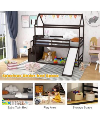 Loft Bed w/ Slide and Storage Staircase Twin Over Twin House-shaped Bunk Bed