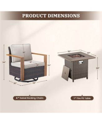 5-piece patio set with 4 swivel rattan chairs, thick cushions, and a 30-inch propane fire pit table for cozy outdoor gatherings.