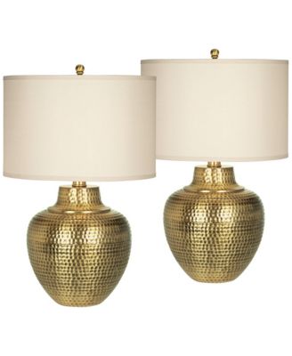 Rustic Farmhouse Table Lamps 27" Tall Set of 2 Antique Brass Hammered Metal Cream Linen Drum Shade for Bedroom House