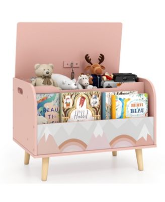 Kids Wooden Toy Box with Front Bookshelf and Solid Wood Legs