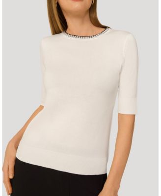 Women's Elbow Sleeve Pick Stitch Trim Sweater