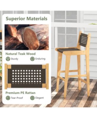 30 in Rattan Teak Wood Bar Stool with Backrest and Footrest