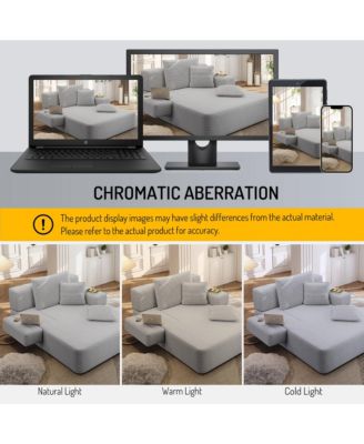 Plush Corduroy Convertible Chaise Chair, Sofa Bed with Storage Pocket and 3 Pillows, Frameless Design and Compression Foam for Living Room