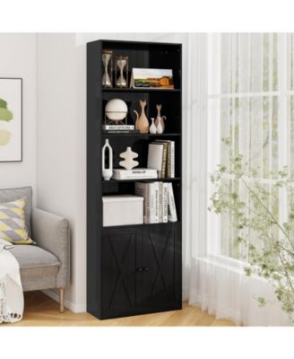 Tall Freestanding Bookshelf with Cabinet and Open Shelves