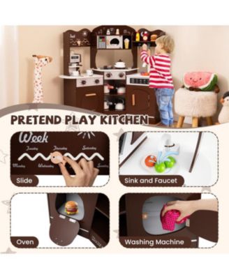 Corner Wooden Play Kitchen with Coffee Machine and Slide for Kids.