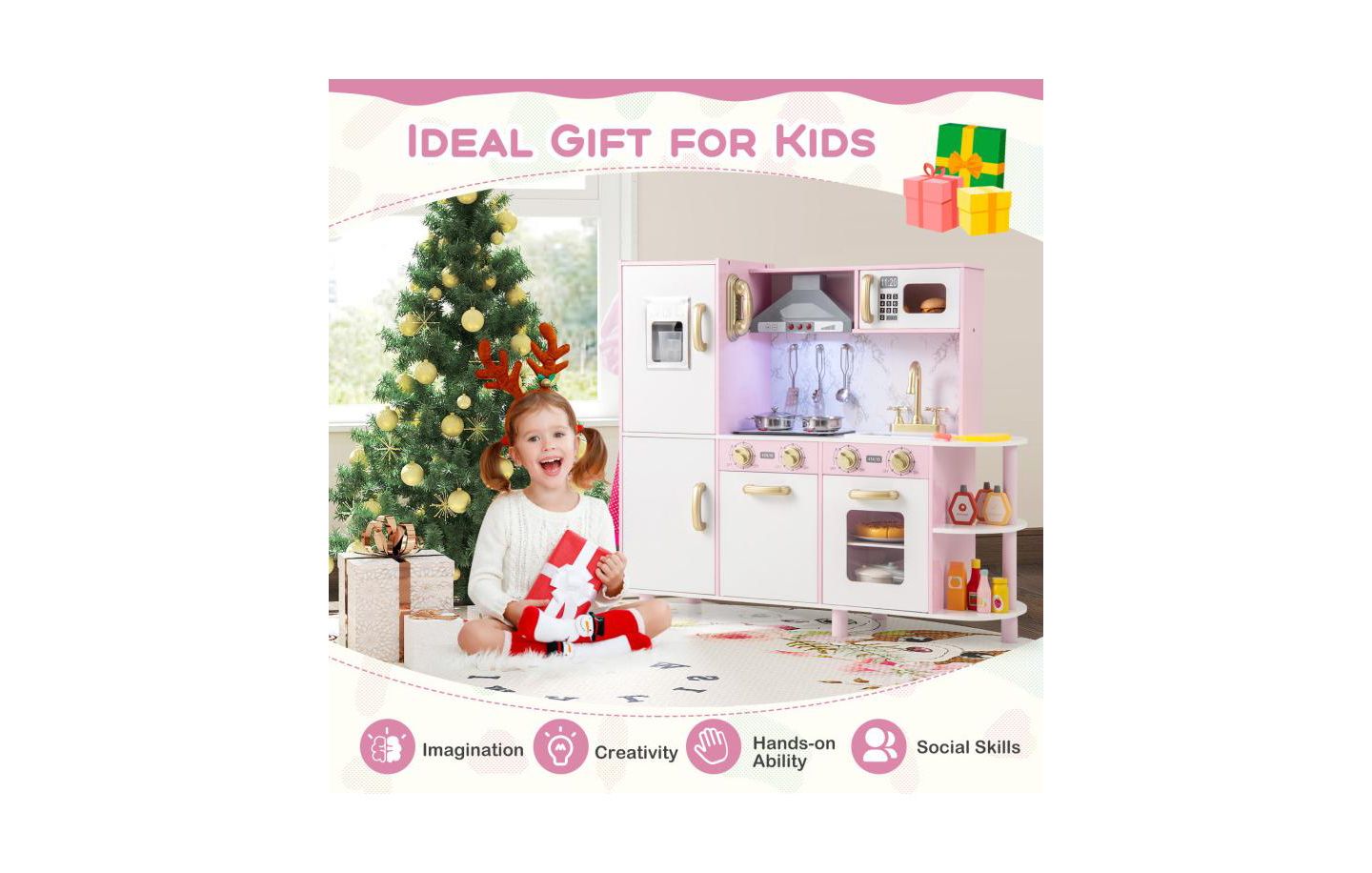 Детский игровой набор HONGGE Wooden Kitchen Playset with Ice Maker, Ages 3+, цвет: Розовый — фото 5