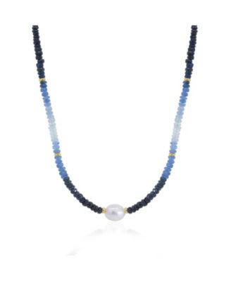 Blue Sapphire Bead Pearl Necklace 14K Yellow Gold