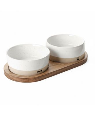 Ceramic Dog Bowls Set with Wood Tray Food Water Non-Slip Stable Farmhouse Style