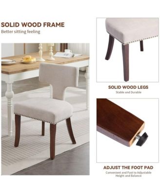 Modern Wooden Dining Chairs Set of 2 - Linen Upholstered Kitchen Chairs with Curved Backrest, Copper Nails for Dining Room