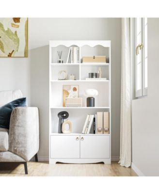5 Tier Bookshelf with Doors, Tall Bookshelves and Bookcases, Modern Wood Book Shelf, Freestanding Display Shelf Storage Organizer