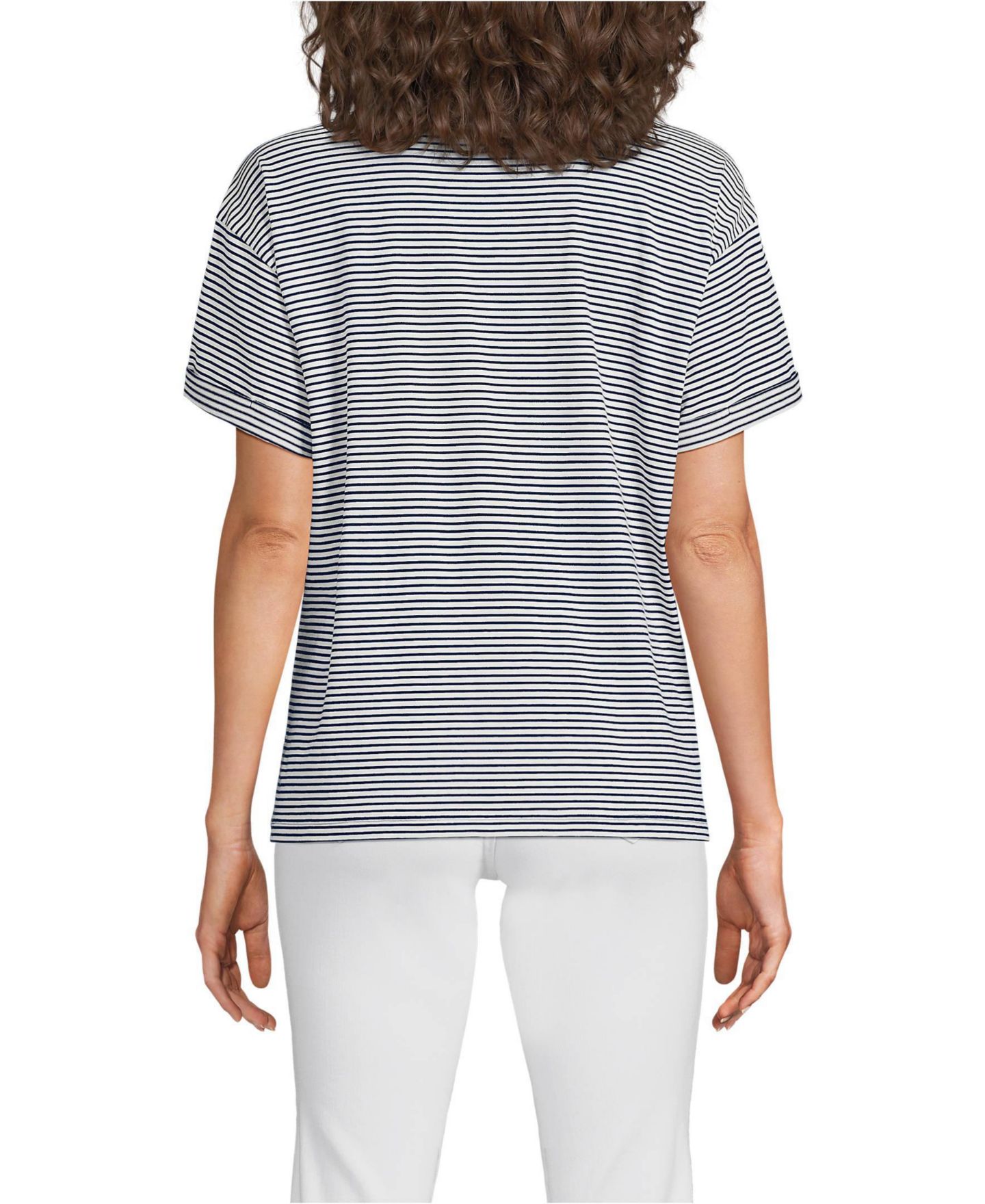 Женская футболка Lands' End Oversized Supima Short Sleeve Crew Neck, цвет: Морской / Слоновая кость полосатый — фото 2