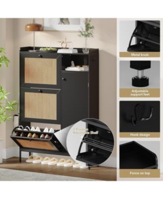 Rattan Shoe Cabinet Storage Flip Drawers Top Hooks Doors Adjustable Shelves Tall Thin Closet Organizer