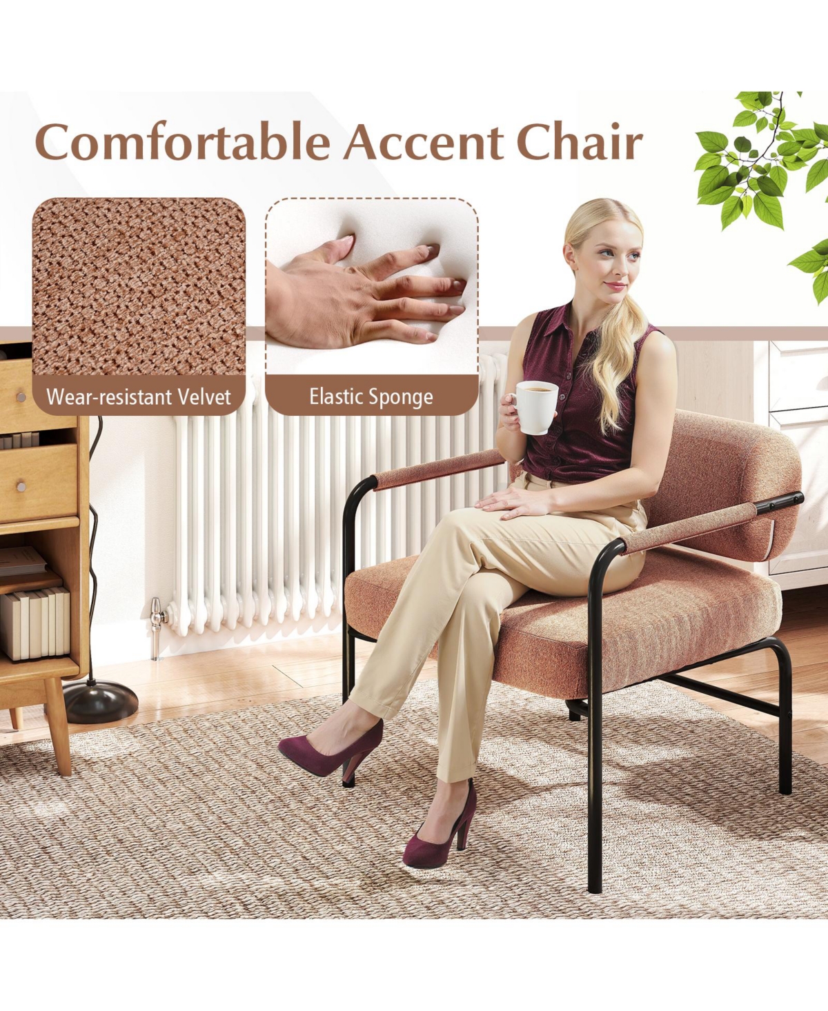 Sugift Velvet Upholstered Accent Chair with Metal Armrests