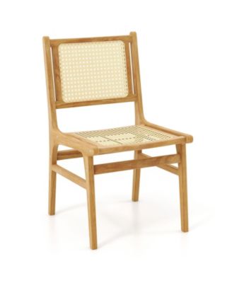 Rattan Dining Chair with Cane Backrest and Wood Frame