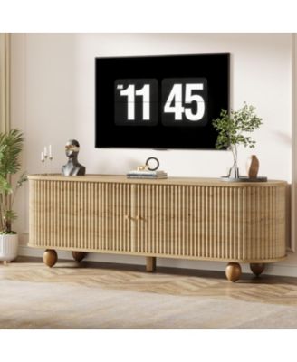 Farmhouse Fluted TV Stand with Storage Shelves and Sliding Doors, 70" Extra Long Media Console for TVs up to 65+ Inches