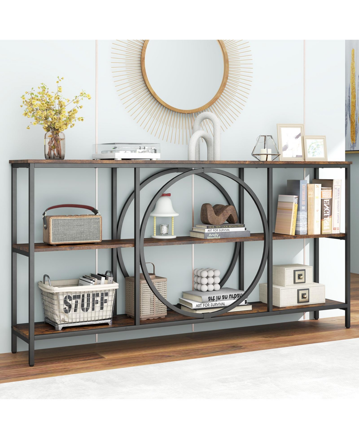 Sugift Three Tier Console Table with Faux Marble Top and Shelves