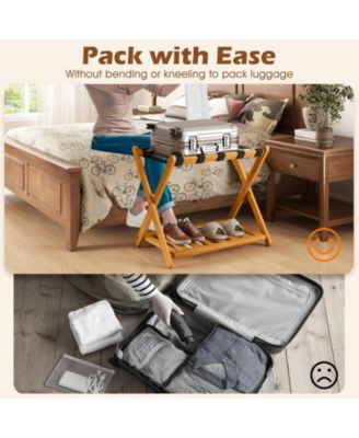 Set of Two Folding Luggage Racks with Straps and Shelf