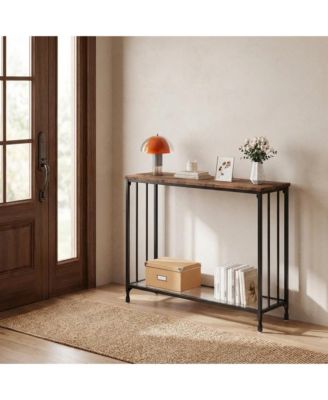 Small Entryway Console Table, Narrow Table Behind Sofa with Metal Frame and Glass Shelf