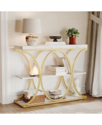 39" Narrow Console Table for Entryway, Industrial 3-Tier Sofa Table, Round Metal Base, Storage Shelves