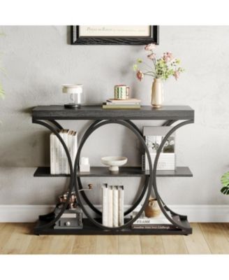 39" Narrow Console Table for Entryway, Industrial 3-Tier Sofa Table, Round Metal Base, Storage Shelves