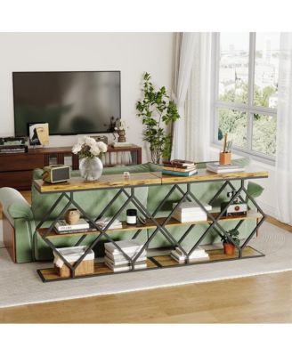Farmhouse Industrial Console Table, 3-Tier Narrow Sofa Table, Metal Frame, Open Storage Shelves