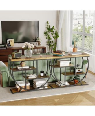 39" Farmhouse Entryway Table with Storage, 4-Tier Wooden Console, Metal Geometric Frame, Space-Saving