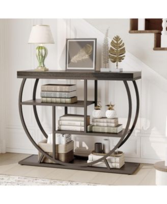 39" Industrial Console Table, 4-Tier Entryway Sofa Table, Metal Geometric Frame, Rustic Wood Top