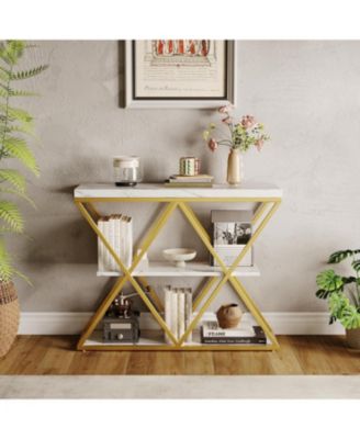 Industrial 3-Tier Console Table with Open Storage, X-Frame Metal, Narrow Sofa Table