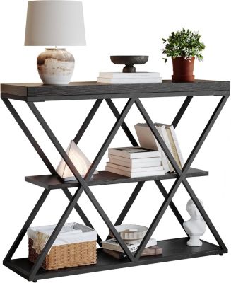 Industrial 3-Tier Console Table with X Metal Frame, Sofa Table with Storage Shelves, Entryway or Living Room