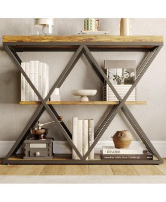 Industrial 3-Tier Entryway Table, Double X Metal Frames, 2 Storage Shelves, Rustic Wood, Living Room or Hallway