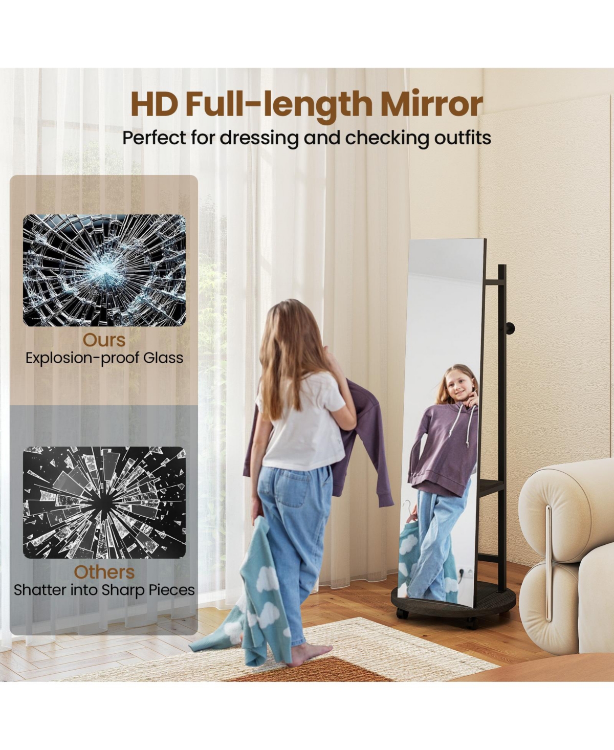 Sugift Freestanding Coat Rack with Full Length Mirror and Hooks