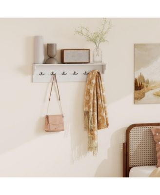 Wall Mounted Wooden Coat Rack with Shelf and Six Hooks