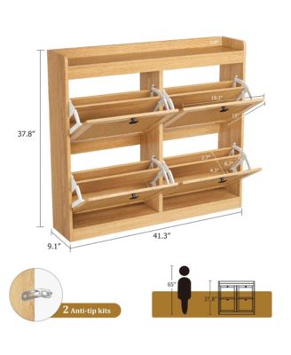 Shoe Cabinet Rattan with 4 Flip Drawers, Wooden Freestanding Shoe Organizer with Adjustable Shelves, Shoe Storage for Entryway, Closet, Hallway