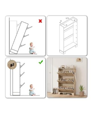 Freestanding Shoe Storage Cabinet with 3 Flip Drawers and Side Hooks