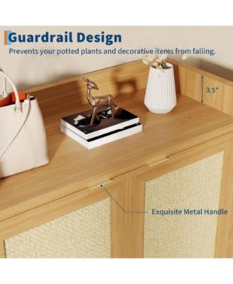 Freestanding Wooden Rattan Shoe Cabinet with Adjustable Shelves and Guardrail Top