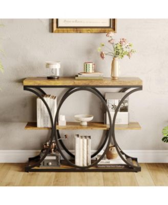 39" Narrow Console Table for Entryway, Industrial 3-Tier Sofa Table, Round Metal Base, Storage Shelves