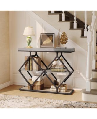 3-Tier Entryway Table, Industrial Console Sofa Table, Open Storage Shelves, Diamond Metal Frame