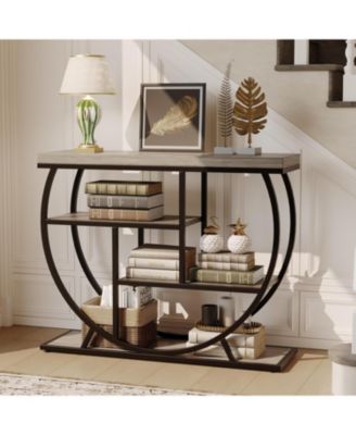 39" Farmhouse Entryway Table with Storage, 4-Tier Wooden Console, Metal Geometric Frame, Space-Saving