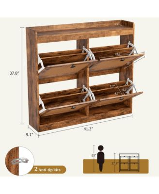 Rattan Wooden Shoe Cabinet with 4 Flip Drawers and Adjustable Shelves