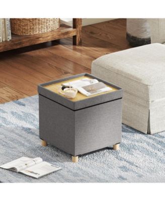 Round Storage Ottoman with Wood Legs and Lift Top Design