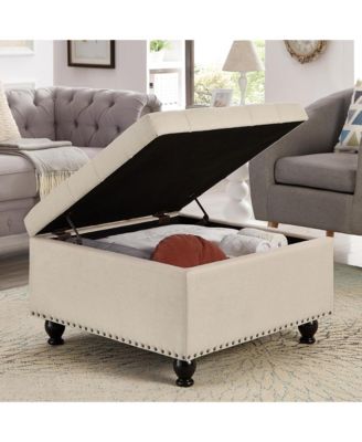 Square Storage Ottoman - Upholstered Button Tufted, wooden legs and Nail Trims for Living Room, Bedroom