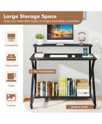 Rolling Computer Desk with Charging Station and Monitor Shelf